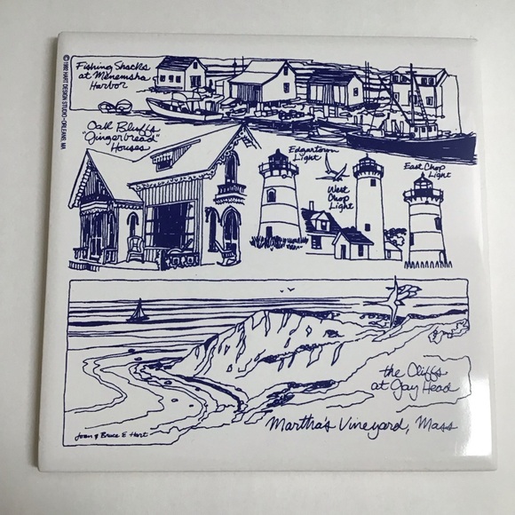 Joan & Bruce Hart Other - Martha’s Vineyard Mass Tile Trivet Joan & Bruce Hart Blue White 6x6" 1992 Art MA